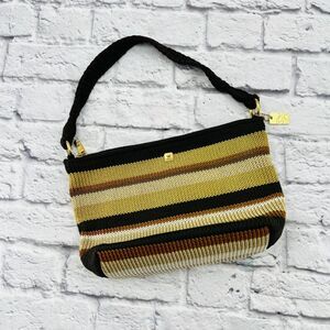 Lina Crochet Knit Stripes Purse Handbag 13"x9"x5" Brown Tan Braided Strap